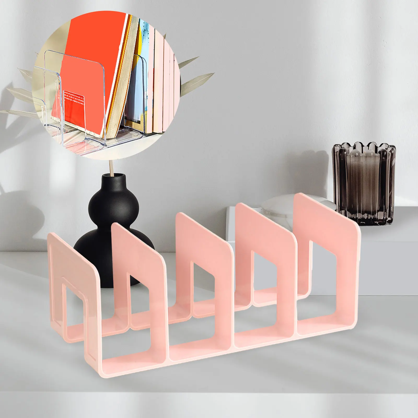Acrylic Book Organizer Holder Stand 4 Compartment Bag Closet Shelf Divider Bookshelf Tabletop Transparent Four Frames