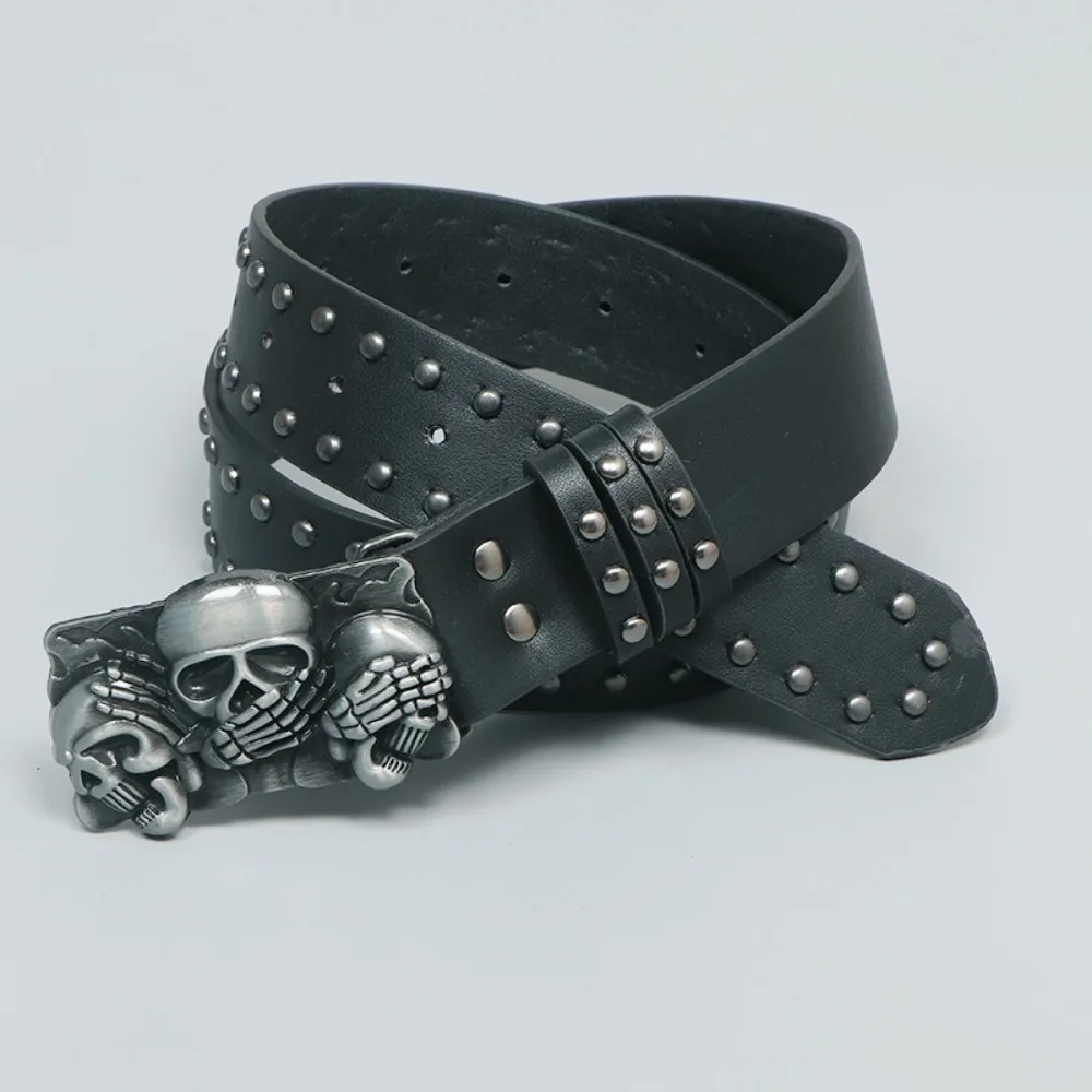 小物 skull buckle black leather belt Y2K punk Unisex Punk Belt PU Leather Cool Skull Buckle Skinny Leather