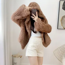 Rabbit Fur Knitted Genuine Real Fur Coat Women Fashion Long Rabbit Fur Jacket Outwear Winter Fur Coat Free shipping