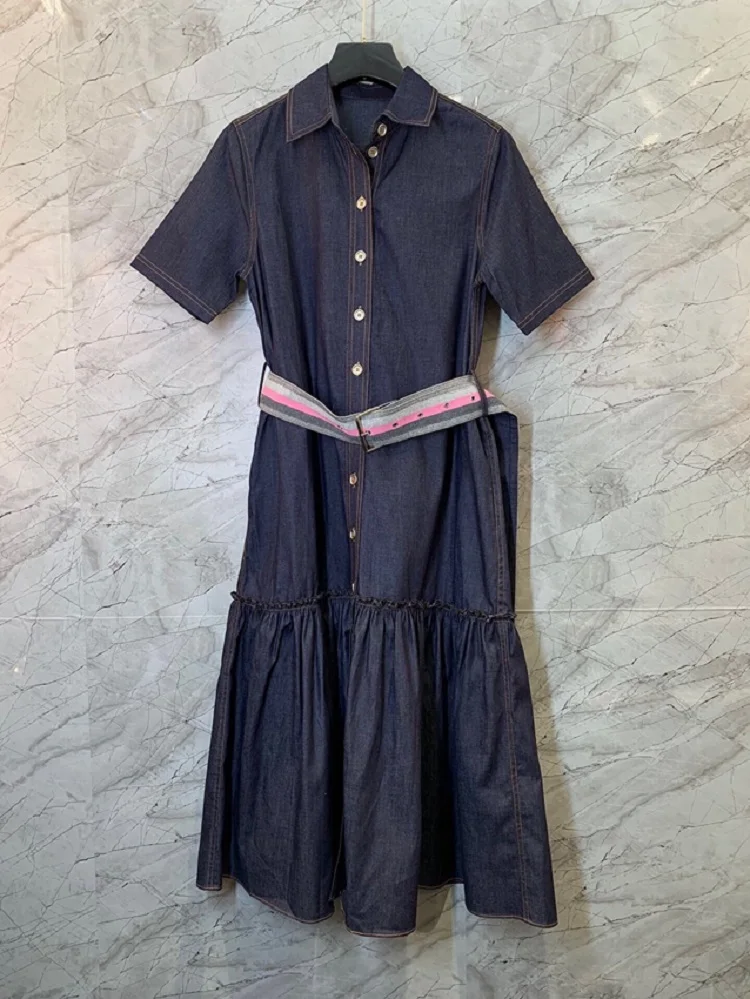 

Женское джинсовое платье в полоску, Повседневное платье с отложным воротником и коротким рукавом, украшенное поясом, лето 2023