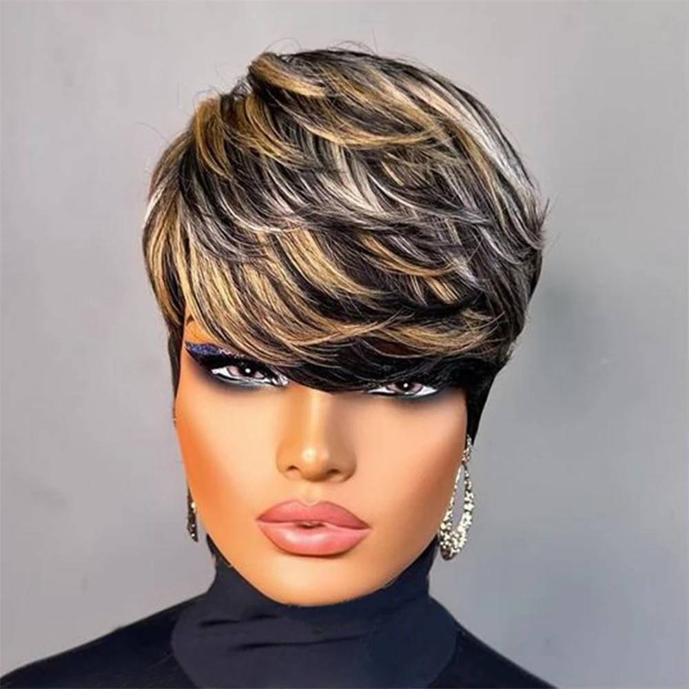 Human Hair Wigs Pixie Cut Wig For Black Women Full Machine Made Short Layered With Bangs