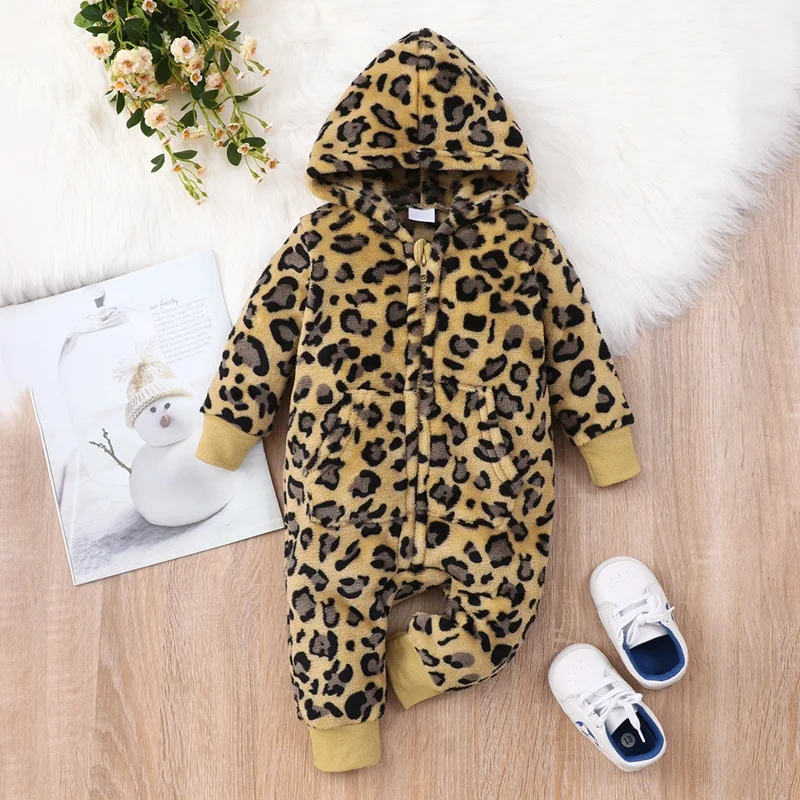Hot Selling Baby Rompers Baby Clothes Leopard Print Long Sleeve Hoodies Jumpsuits Thick Boy Girl Winter Clothes 0-18M