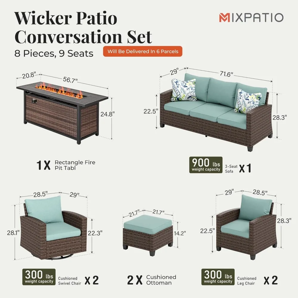 Swivel Glider Patio Furniture Set, 8 Pcs Wicker Rattan Outdoor Conversation Set, Garden Sofas 4