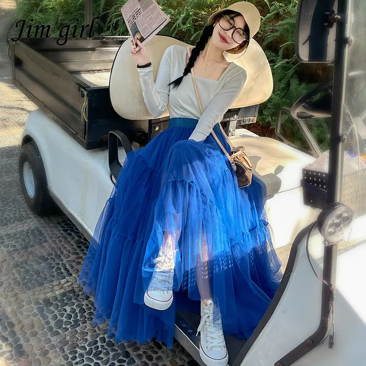 

Y2k Klein Blue Tulle Skirt Women Summer Korea Fashion High Waist Long Skirts Casual Loose Elegant France Style Jupe Longue Femme