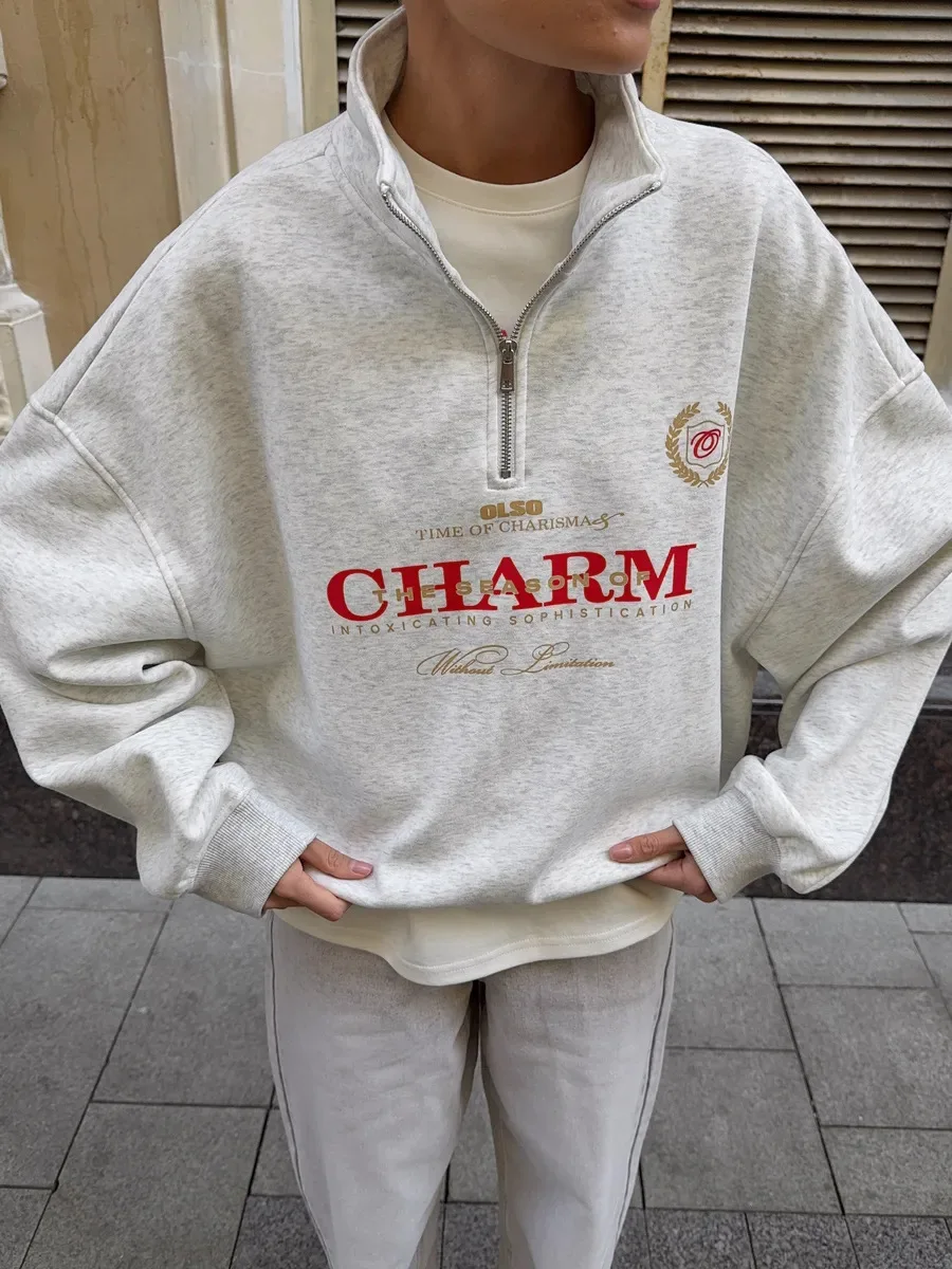 European Retro Badge Letter Printed Half-Zip Lapel Sweater Y2K Fashion Personality Casual Simple Style Sports Women's Streetwear