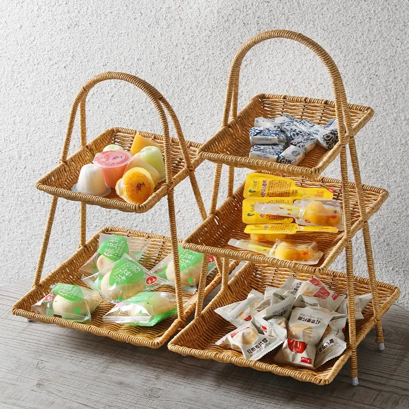 

Afternoon Tea Tray Light Luxury Household Snack Candy Hand Woven Storage Bowl Rattan More Layered Fruit Basket