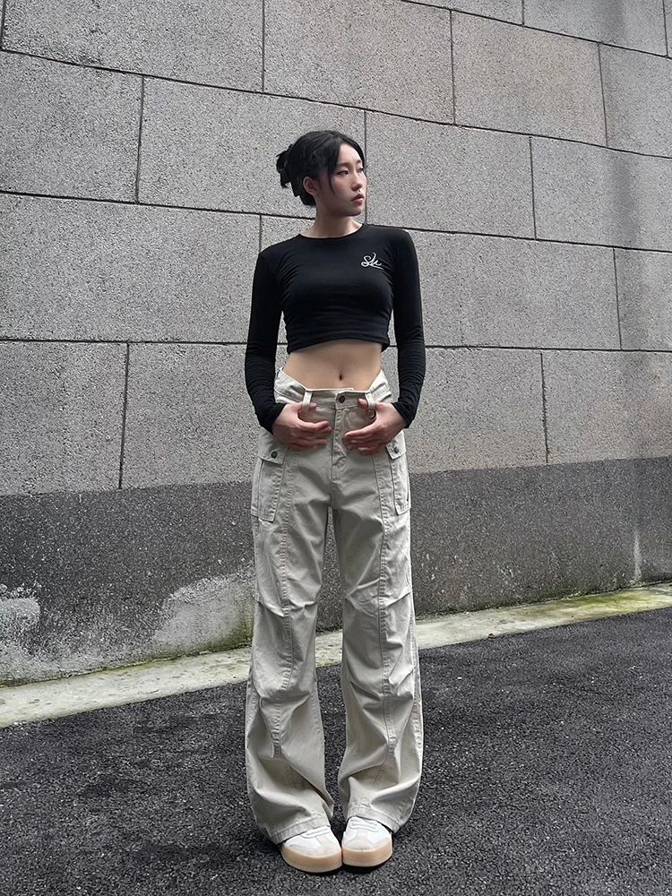 Retro American High Street Workwear Pants Casual Straight Leg Jeans Men Women Summer Trendy Folded Waist Design Zipper Fly