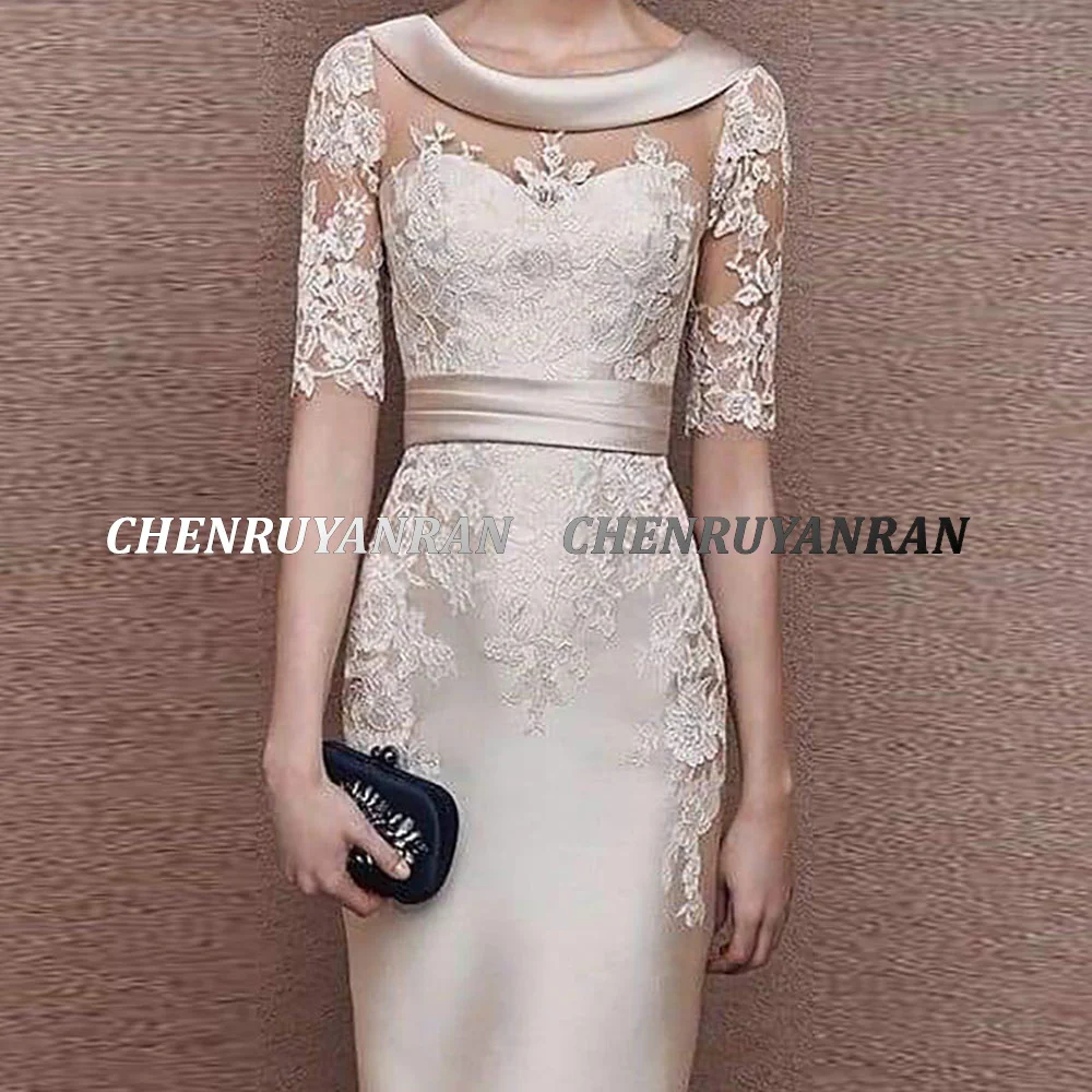 Satin Mother of the Bride Dresses Illusion Sheath Wedding Guest Gowns Lace Applique Elegant Dress Women For Wedding Party
