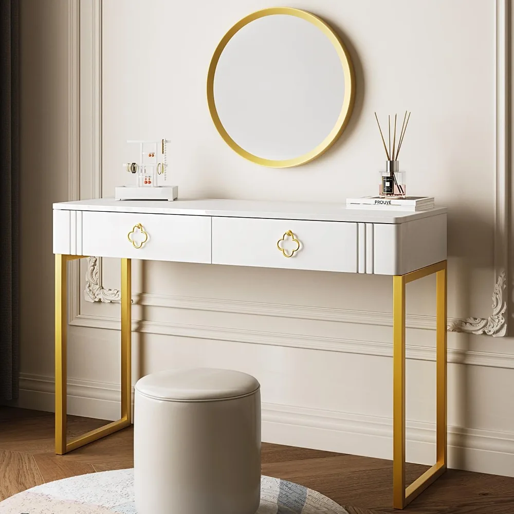 

Modern White Vanity Desk with Drawers,Compact Vanity Table with Gold Metal Legs,43 inch Makeup Vanity Small Desk
