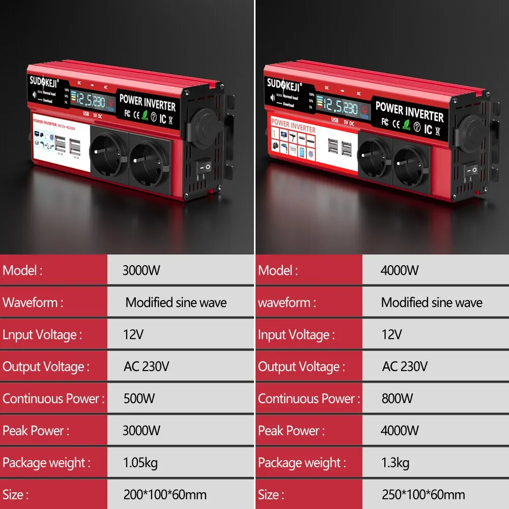 Power Inverter 4000W 3000W DC 12V To AC 220V 230V Transformer with 4 USB EU Socket Charge with LED Display For RV Phone Car vehicle inverter car converter inverter car inverter car power converter power inverter