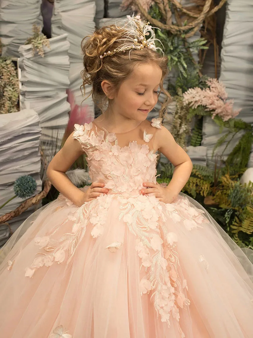Girls Princess Dress 3D Appliques Flower Girl Dresses for Weddings Toddlers Ruffled Tulle Pageant First Communion Party Gowns