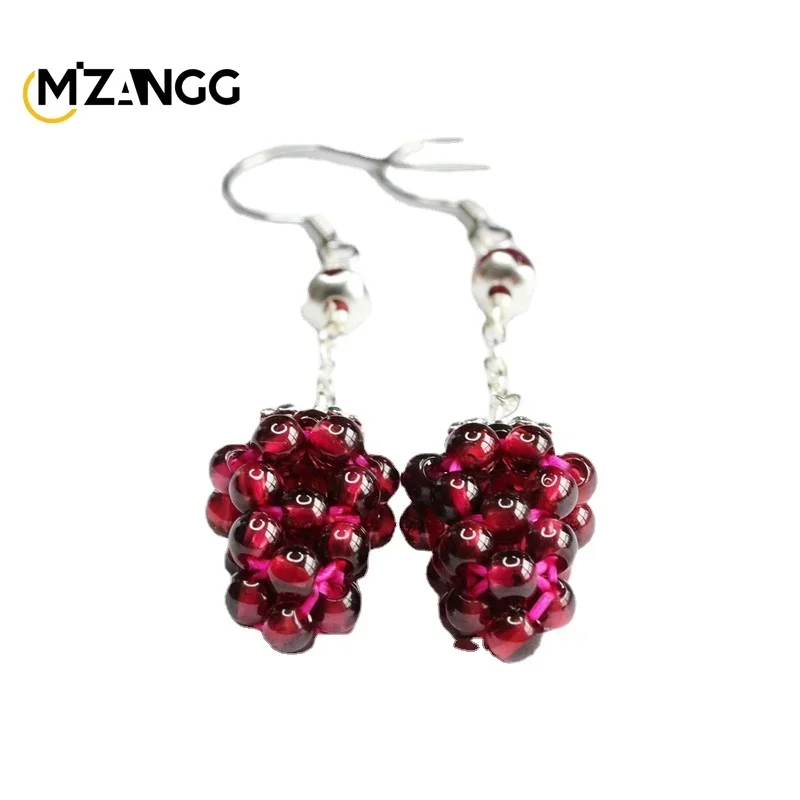 Silver Jewelry S925 Silver Natural Garnet Ear Hook Women's Earrings Crystal Healing Energy Stone Gift