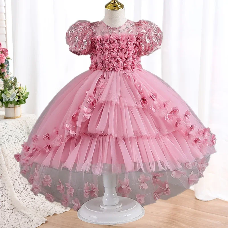 

Fashion Girl Summer Lace Net Piano Performance Host Temperament Princess Dress Girl Sweet Bow Knot Sequin Pengpeng Dress