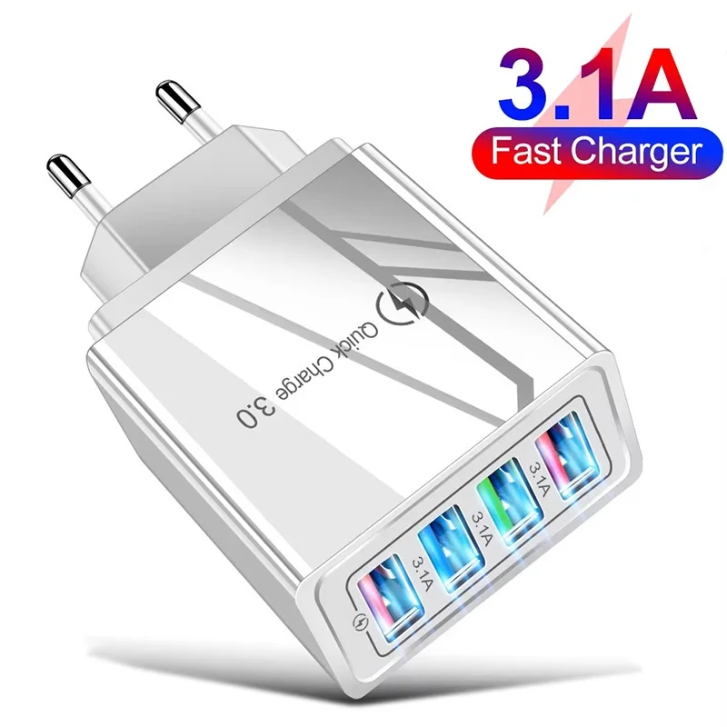 EU Plug USB Charger with 4-Port 3.1A Quick Charge Adapter
