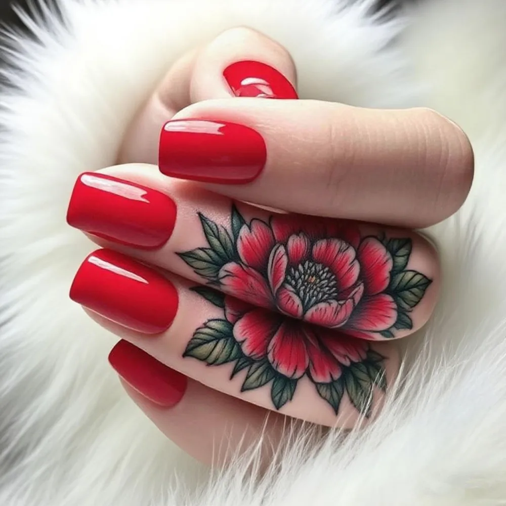 48개 반짝이는 빨간색 젤리 글루 짧은 사각형 인조 손톱, 풀 커버 손톱 팁 매니..