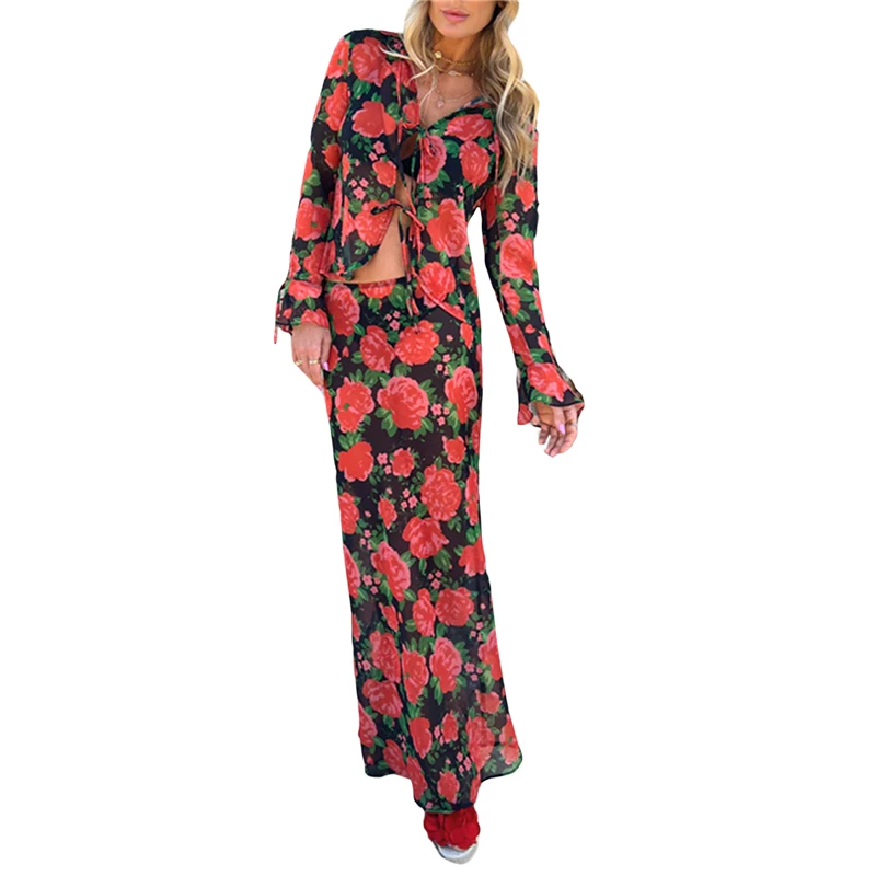 

Женская блузка с цветочным принтом, длинным рукавом и завязкой спереди