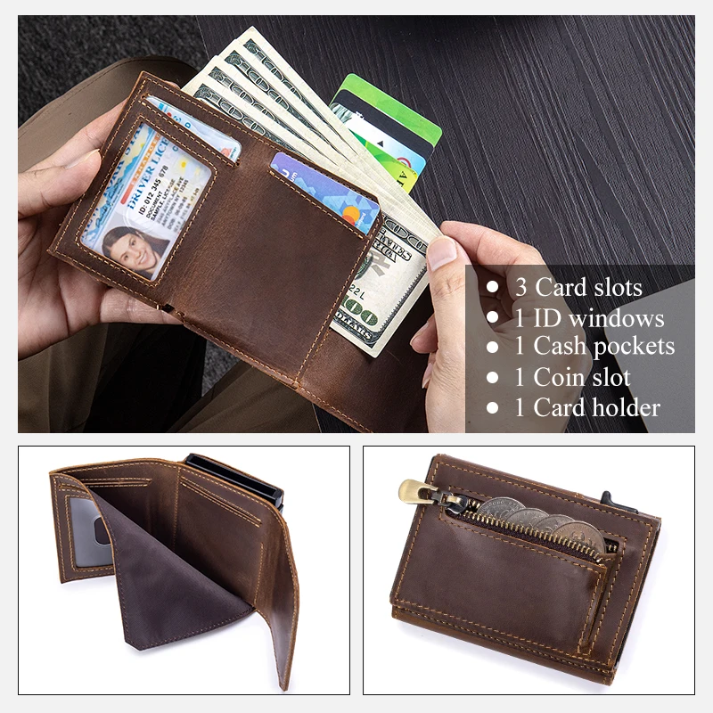 Genuine Leather RFID Blocking Minimalist Smart Wallet with Metal Card Holder