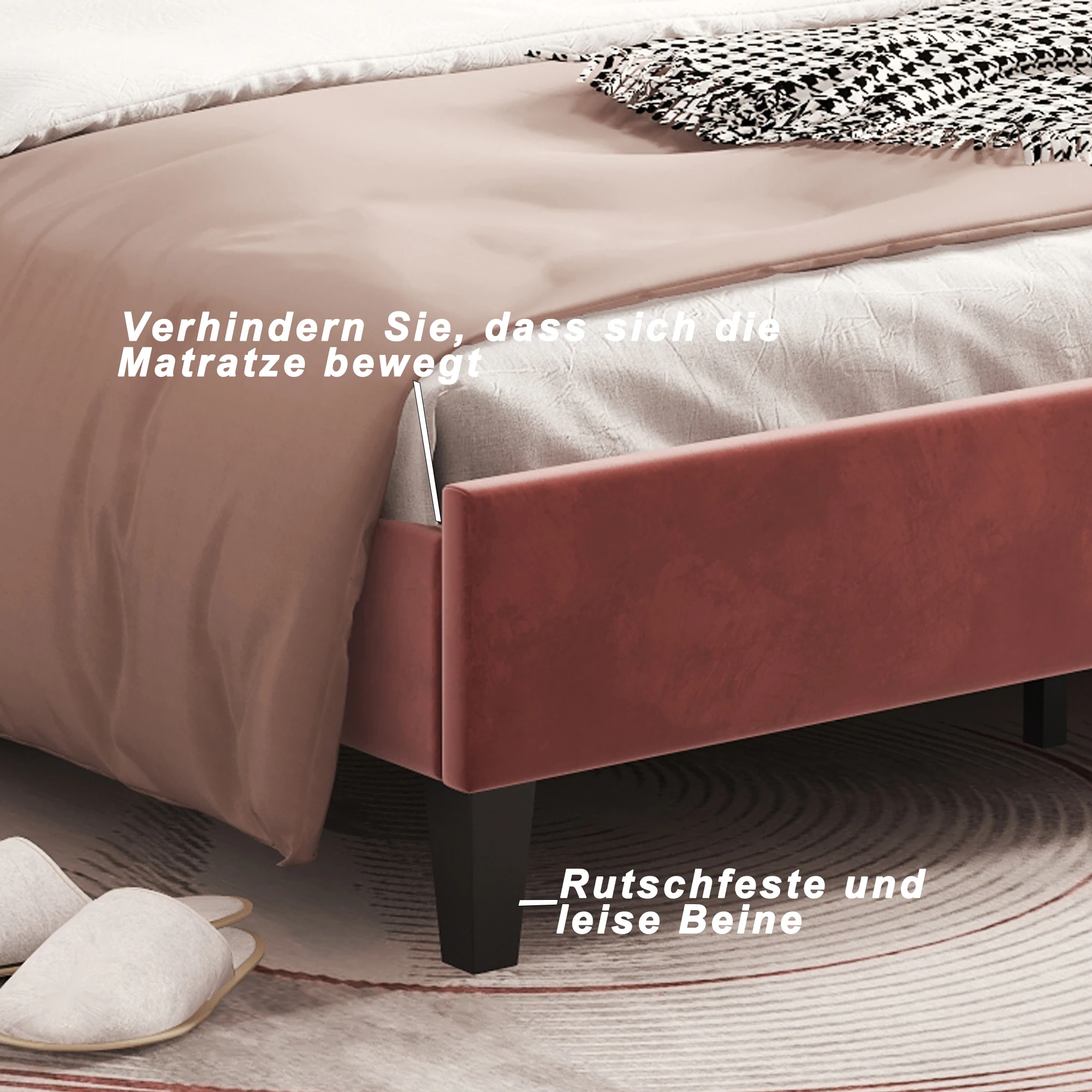 KOMHTOM Gästebett aus hautfreundlichem Samtstoff mit blumenförmigem Kopfteil am Bettgestell und Lattenrost – Detail 8
