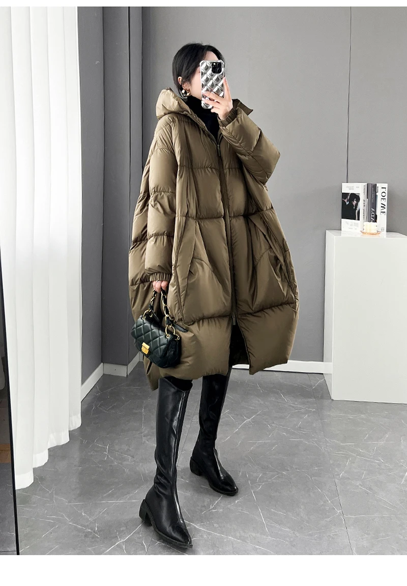 Black White Hooded down jacket for women Winter Oversized Thick warm Pockets puffer coat Lady Long Feathers Outwear INKEO 3O129