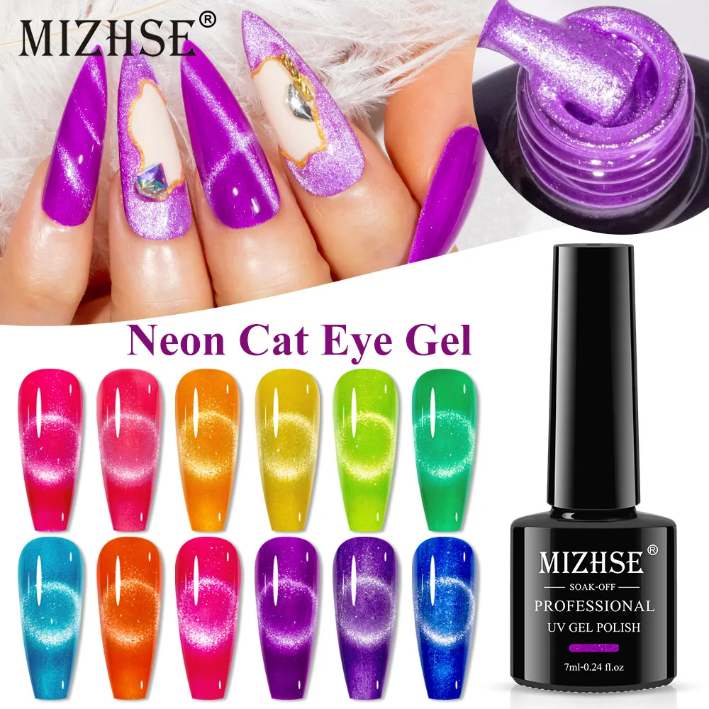 

MIZHSE 7ML Fluorescent Cat Magnetic Gel Neon Glitter Gel Nail Polish Holographic Cat Varnish Semi Permanent UV Gel for Nail Art