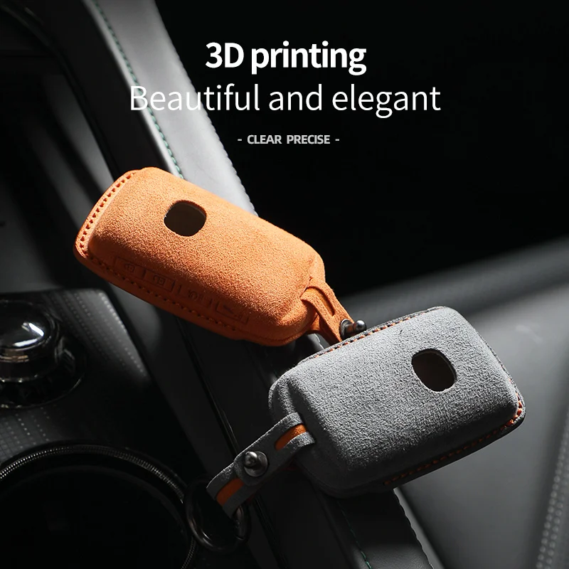 Luxurious Alcantara Suede Car Key Case with Keychain - 4-Button Protector Cover