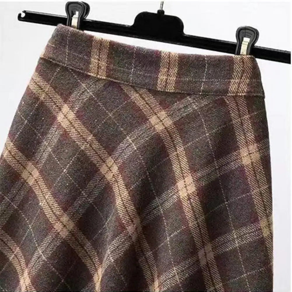 

Retro Mid-length Skirt Women Workwear Skirt Plaid Print A-line Midi Skirt with High Elastic Waist Thick Warm Soft for Fall