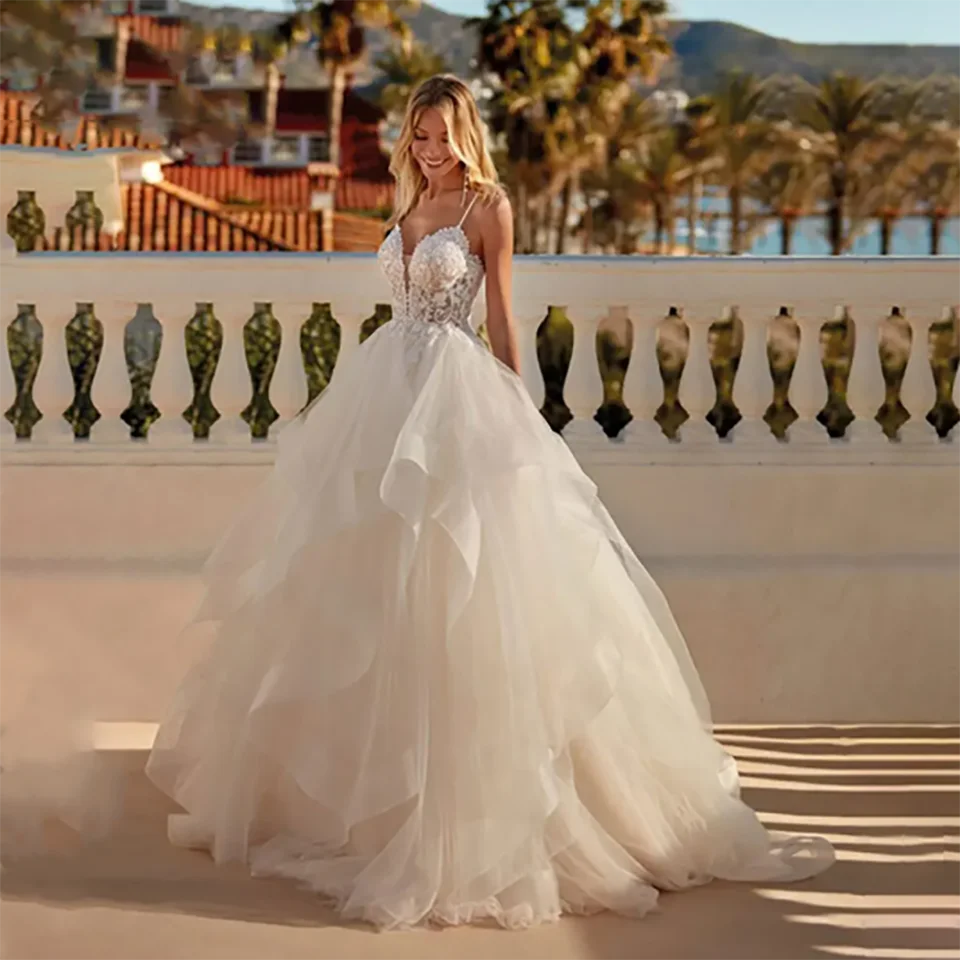 Bezaubernde Boho-Brautkleider mit Spaghettiträgern und Herzausschnitt, A-Linie, 2026, Rüschen, rückenfrei, Schleppe, Tüll, Brautkleider für Damen – Detail 3