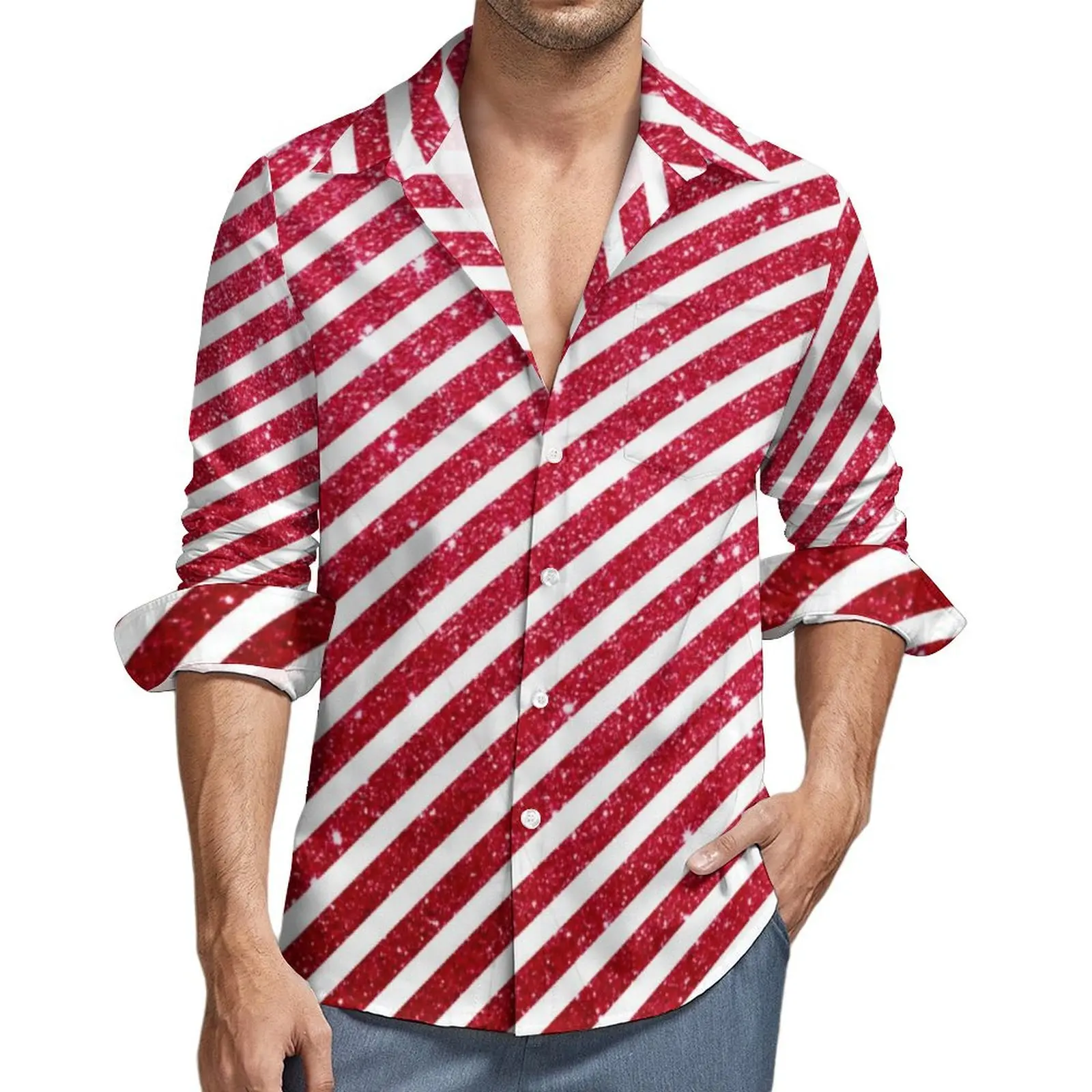 

Glitter Stripes Pattern Shirt Autumn Cute Christmas Candy Casual Shirts Man Retro Blouse Long Sleeve Y2K Funny Clothes Plus Size