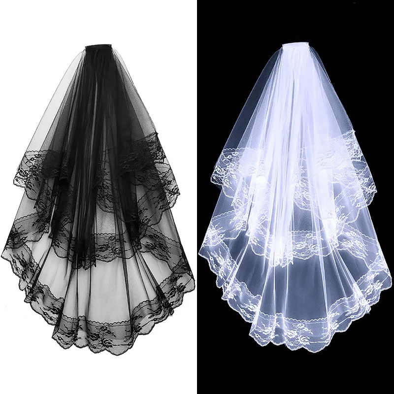 Bridal Veil Halloween Black White Bridal Lace Veils With Comb Short Two Layer Elegant Women Wedding