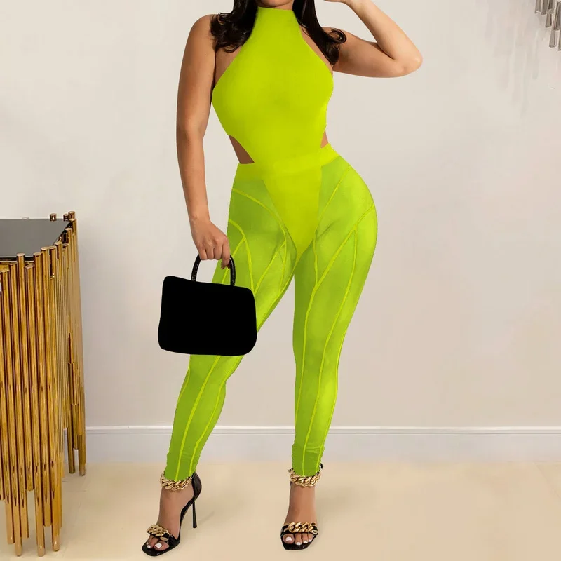 

WUHE Beach Two Piece Set Women Outfit Sweatsuit 2024 Sleeveless Bodysuit and Mesh Legging Matching Set Basic Tracksuit