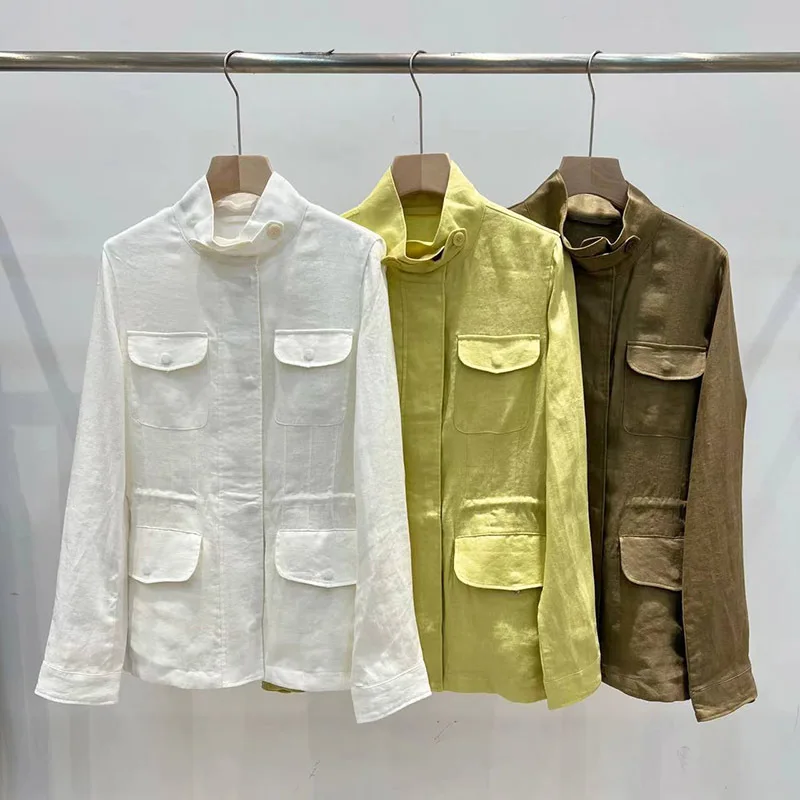 

Women' Fashion 3 Color Minimalist Style Solid Color Outdoor Casual Linen Waist Four Pockets Breathable Zipper Coat Early Autumn