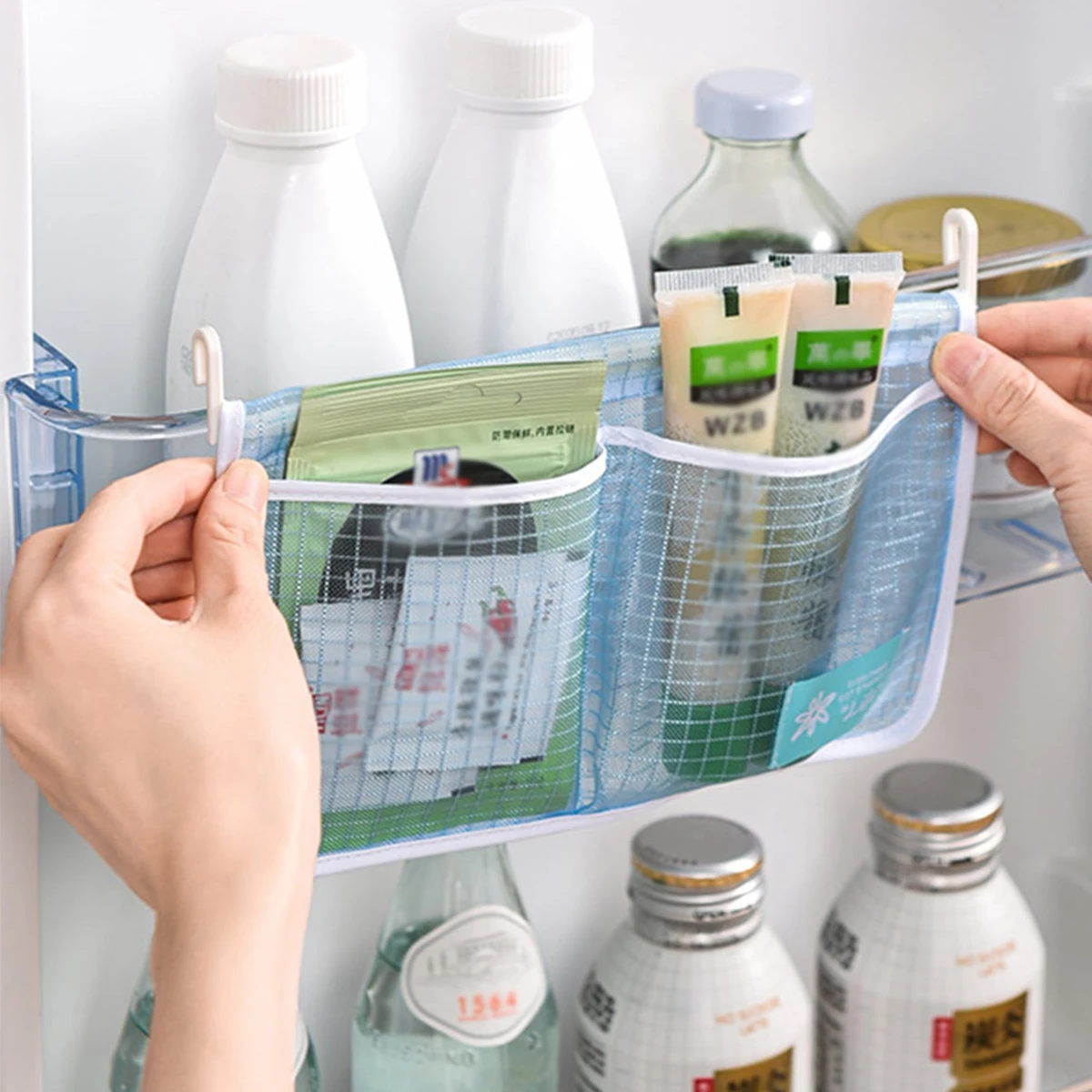 1pc-Refrigerator Storage Mesh Bag Hanging Household Classification Storage Bag Double Compartment  Storage Hanging Bag