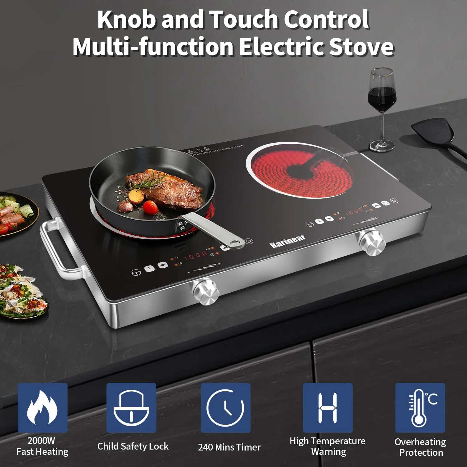 Electric Cooktop 110V, Portable Electric Stove with Handle, Knob Control Hot Plate, Ceramic Infrared Countertop Burner,