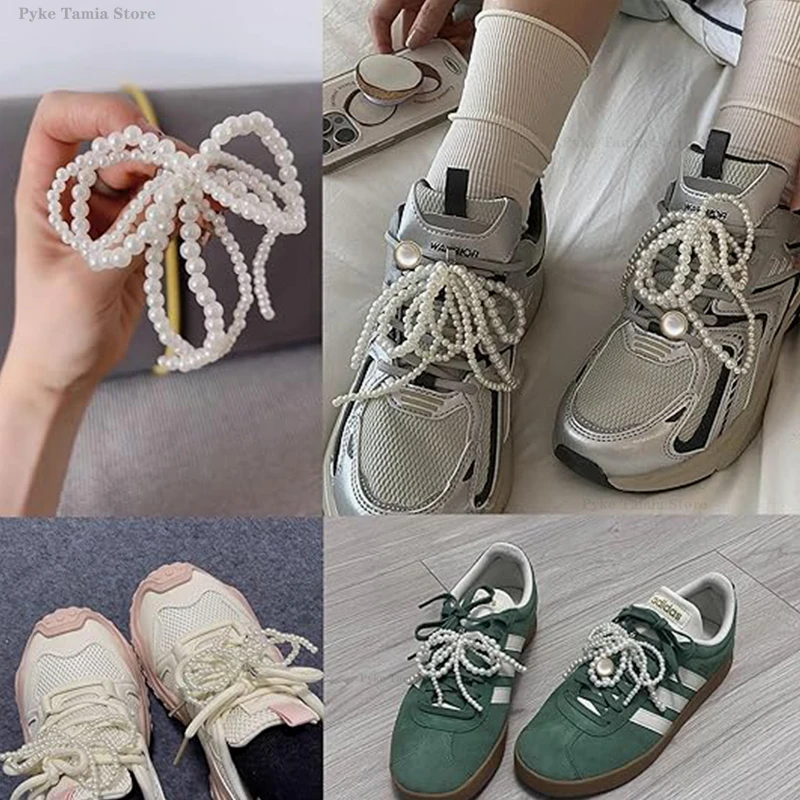 2pcs Shoelace Decorative Buckle Handmade Shoes Clip Double Layered Pearl Bead Bowknot Charm Bag Key Chain Pendant Accessories