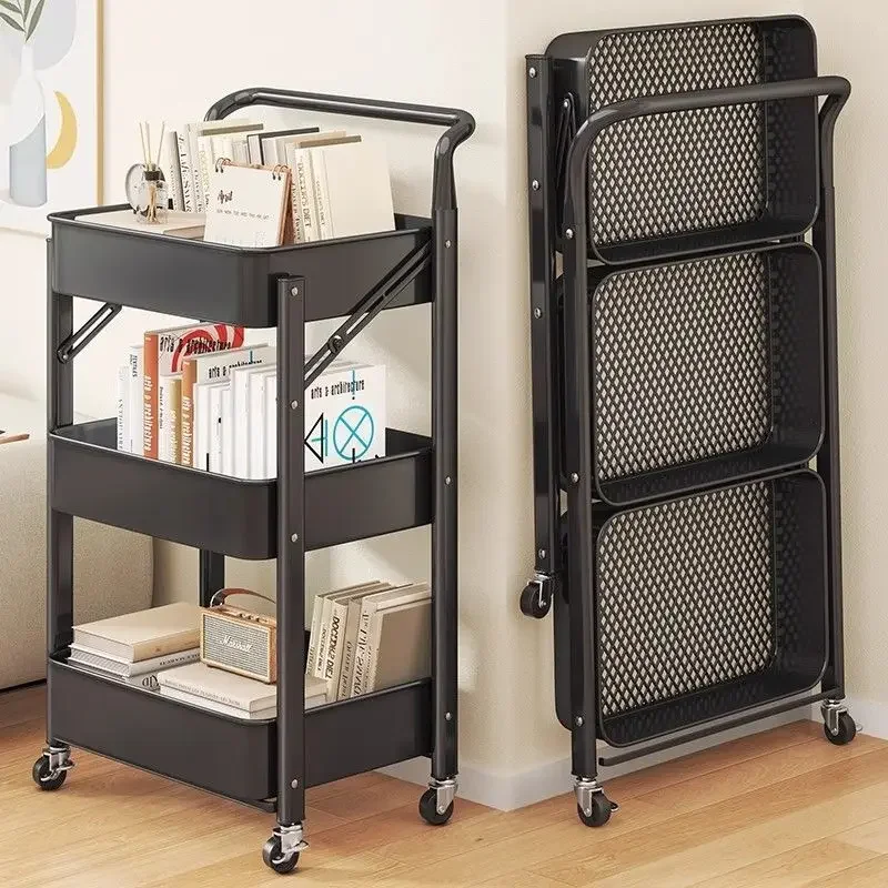Folding Storage Rack Trolley Living Room Shelf Cart with Wheels Mobile Storage Organizer Multi-Layer Kitchen Rack