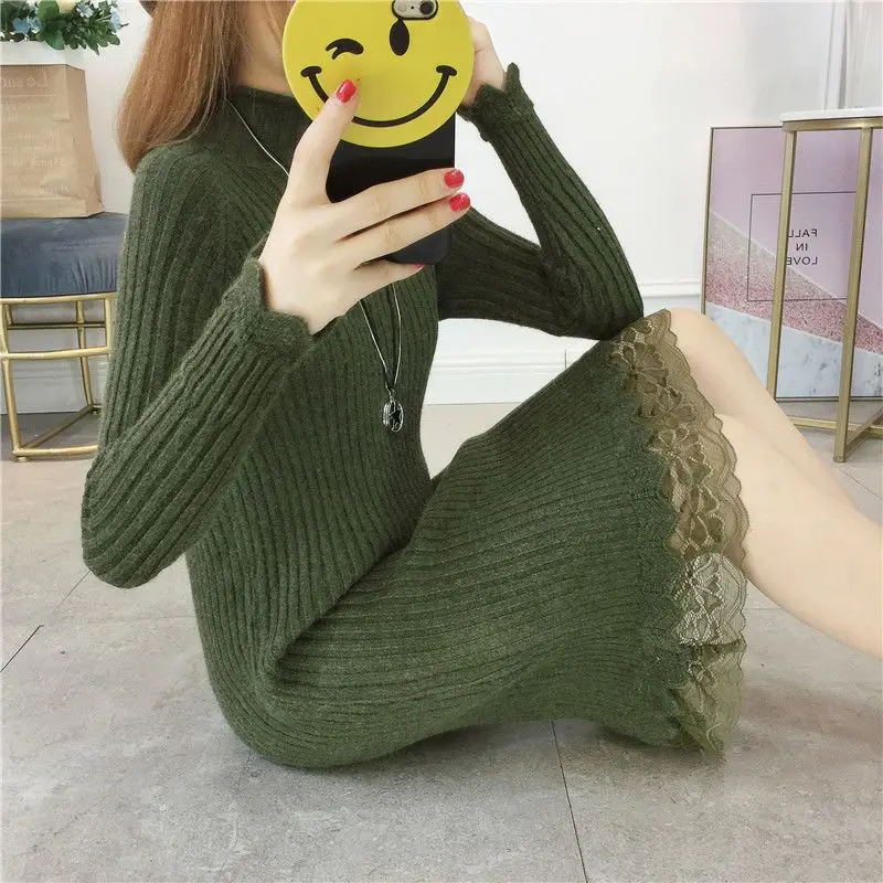 

Autumn Dresses Women's Clothing New Lace Stitching Knitted Sweater Ladies Office Vestidos Street Vestido G621