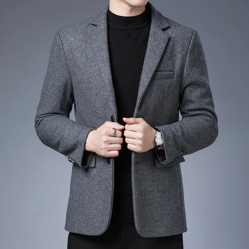 

2023 Men's Autumn and Winter New Double Buckle Woolen blazer Youth Casual Mid-Length Woolen blazer