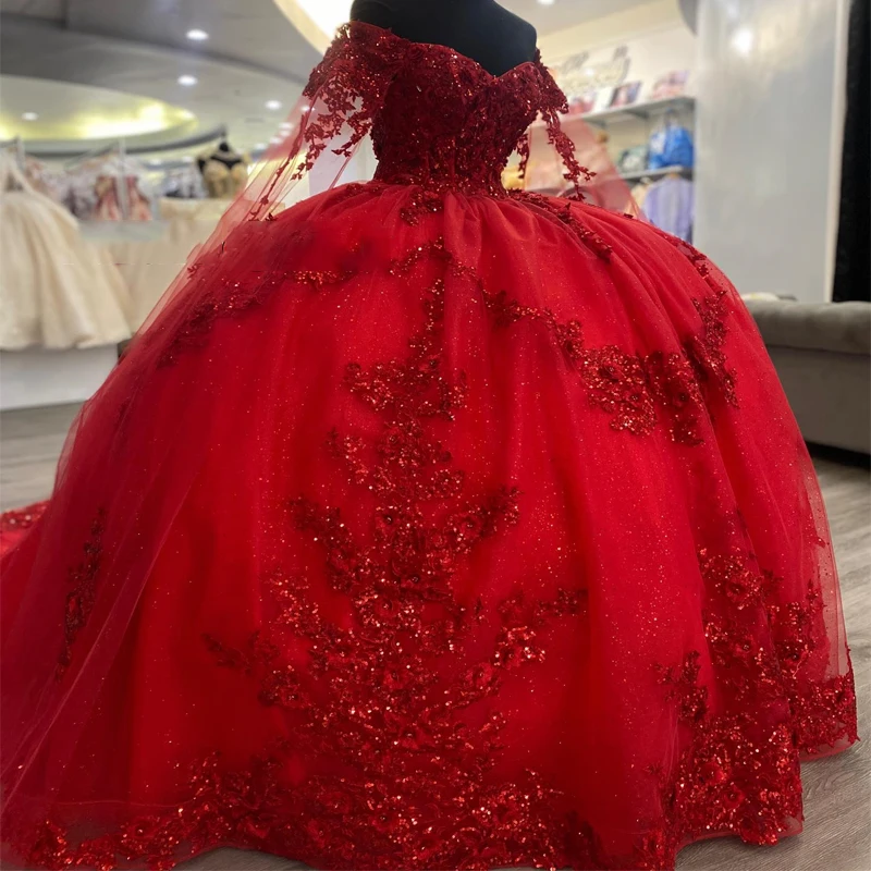 

Red Sparkly Off The Shoulder Ball Gown Applique Lace Beaded Sequined Quinceanera Dress Princess Sweet 16 15Year Girl Party Dress