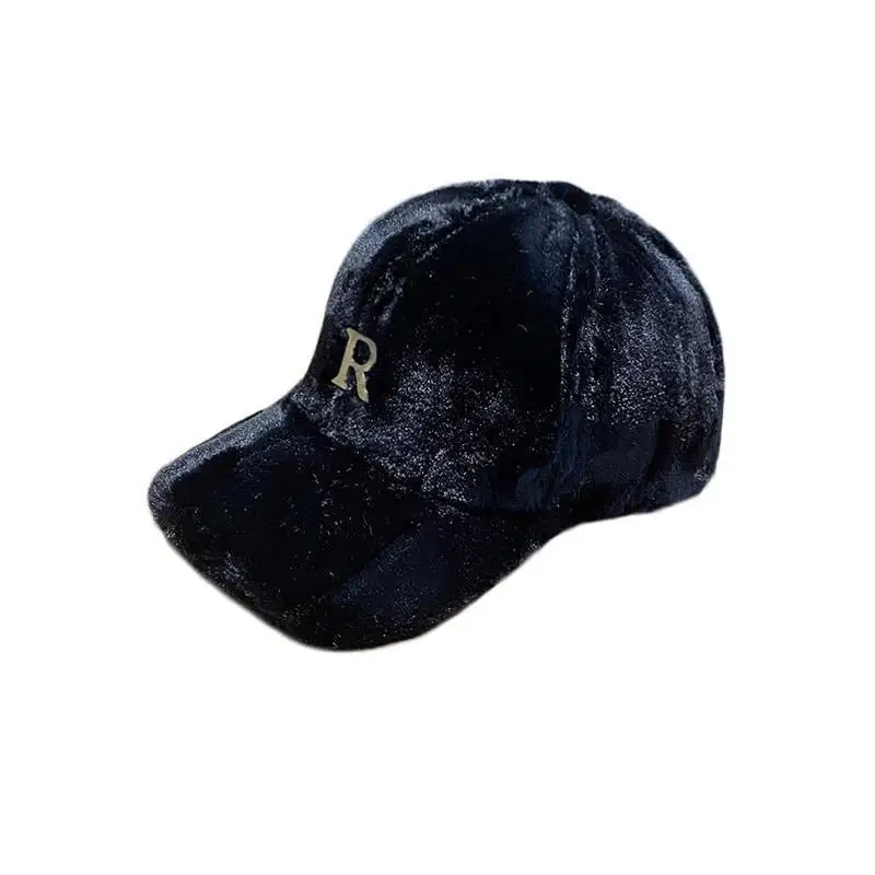 Warm Baseball Hat Couple Street Duckbill Hat Autumn And Winter Rabbit Fur Velvet R Letter Label Thick Warm Hat