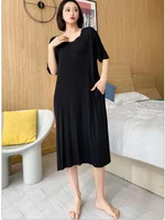 150kg Extra Large Size Summer Loose Home Dress with Pocket Thin V-neck Short Sleeved Pajamas Solid Long Loungewear Plus Size 3XL - Image 5