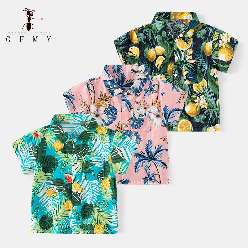

GFMY Kids Hawaiian Shirts Boys Summer Floral Tops Beach Holiday Button Down T-shirts Green Pink 3T-10T Toddler Clothes