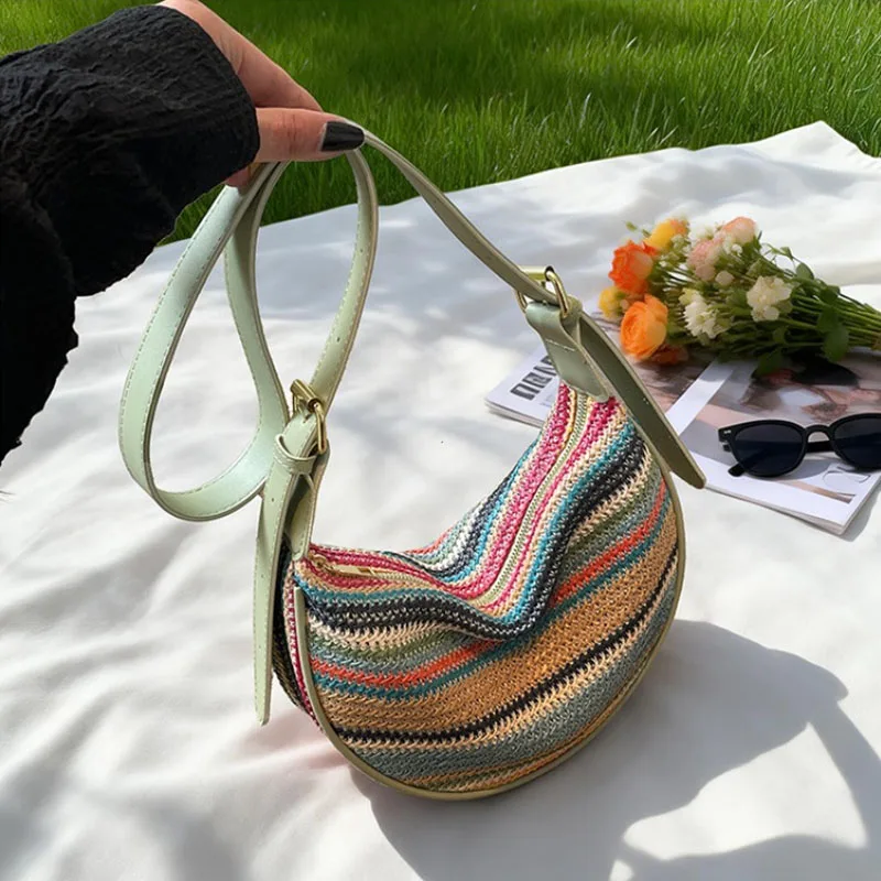 Borsa Hobo Bohemien da Donna per Vacanze, Borsa a Tracolla Intrecciata a Righe con Tracolla Regolabile, Borsa a Spalla Multifunzione per Uso Quotidiano e Vacanze