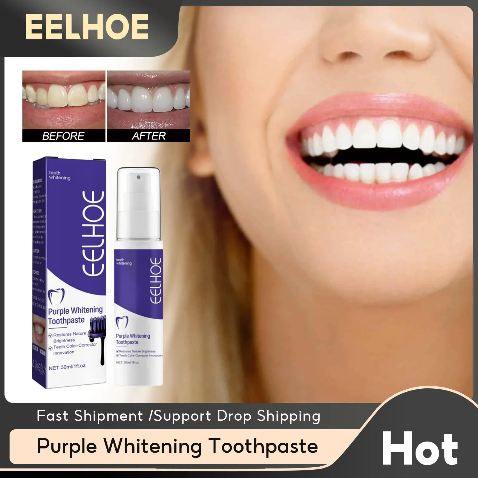 

Purple Whitening Toothpaste Brightening Yellow Teeth Remove Stain Plaque Oral Hygiene Fresh Breath Dental Cleansing Tooth Health