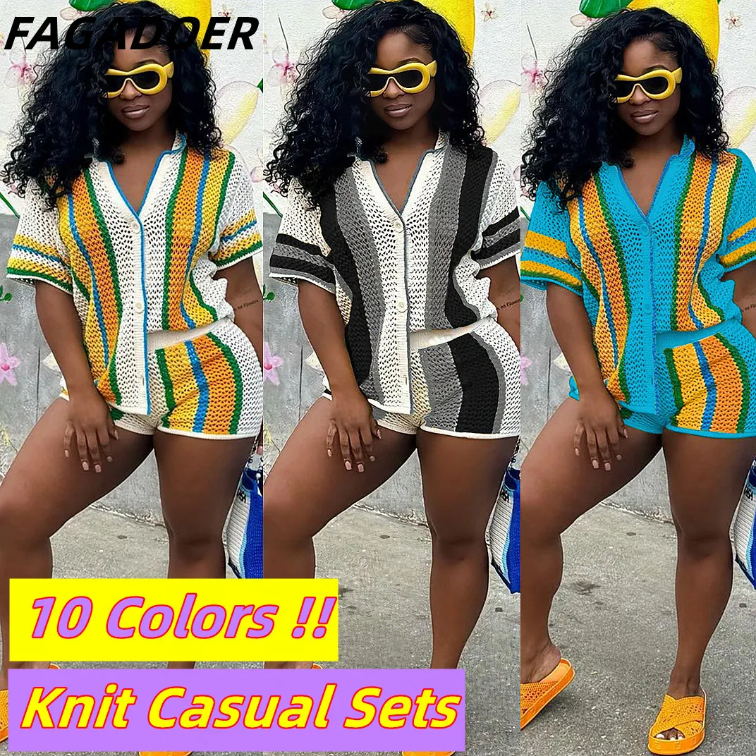 FAGADOER Women Crochet Knit Shorts Set Striped Button Down Shirt High Waist Shorts Summer Casual Two Piece Outfit Holiday Beach