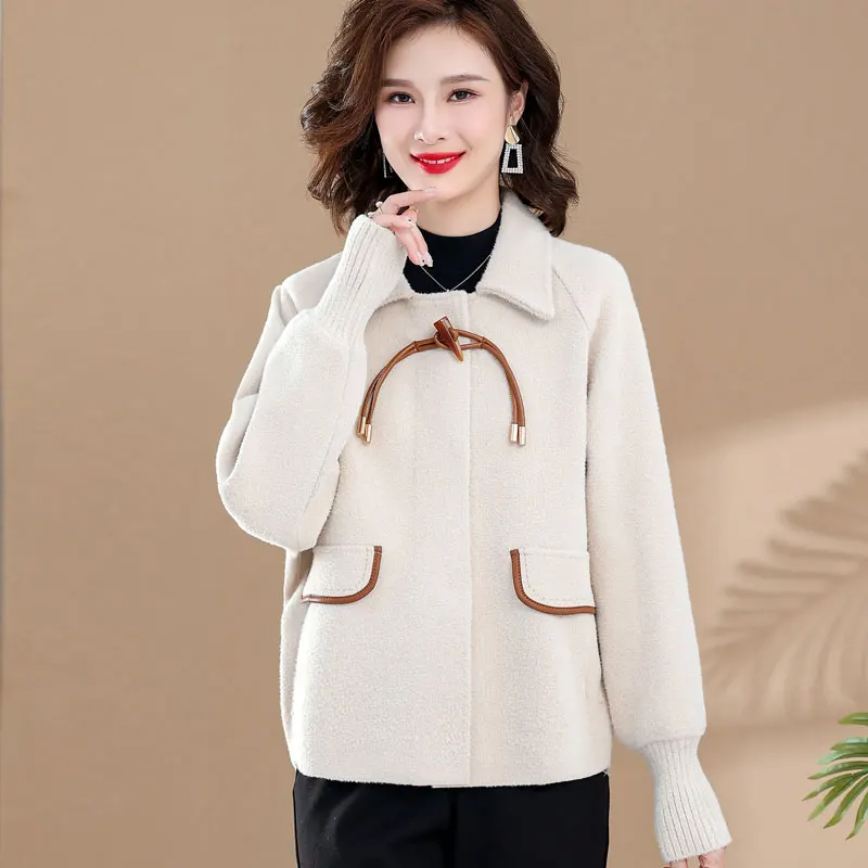 

2024New Middle-aged Mother Coat Women's Autumn Winter Clothing Fashion Woolen Cardigan Jacket Top Lady Warm Button Solid Outwear