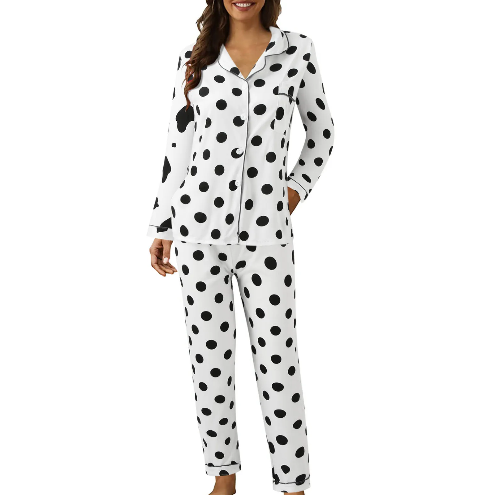 

Autumn Women Clothes For Roomwear 2 Pcs Pants Pajama Set Cotton Cardigan Long Sleeve Tops Polka Dots Print Two Piece Pajama Set