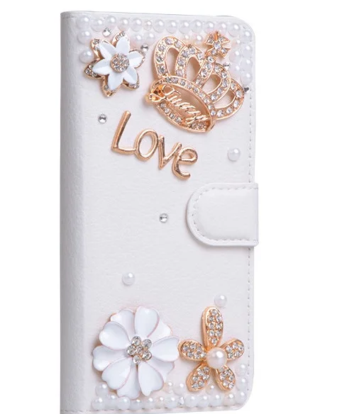 Phone Case iPhone Case Leather Wallet Case Bling Diamond Rhinestone Flower Case for iPhone 11 12 13 14 15 16 Pro Max XR XS 7 White Leather Magnetic Flip Wallet Cover