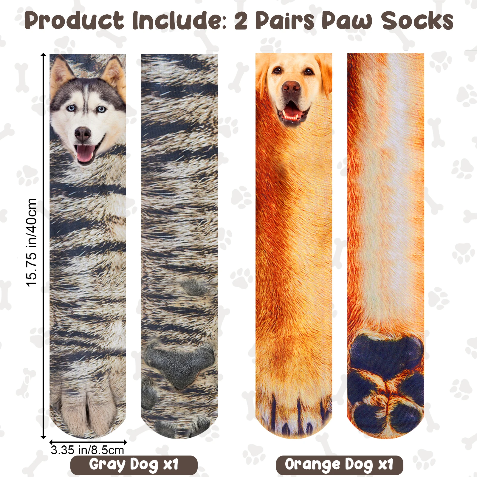 2 Pair Dog Claw Socks Funny Animal Paw Socks Novelty Christmas Stocking Stuffers 3D Dog Gray Orange Paw