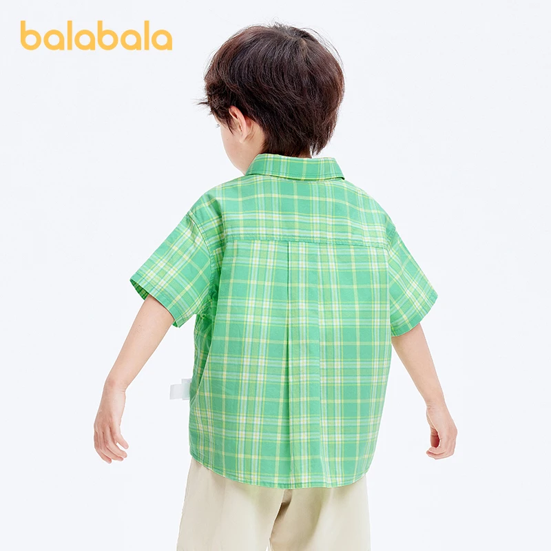 Balabala 아동용 반팔 셔츠, 남아용 의류, 베이비 탑, 2024 여름 신상 유행, 오픈 프론트 디자인, 세련된 격자 무늬 패턴