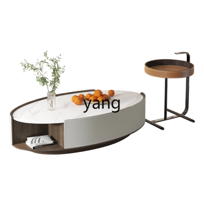 

Yjq Minimalist Saddle Leather Stone Plate Oval Coffee Table Combination Simple Modern Small Apartment Living Room Light Luxury